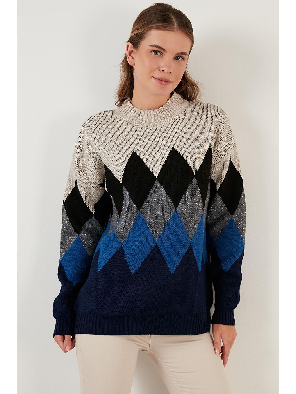 Lacivert Baklava Desenli Yarım Balıkçı Yaka Örme Kazak 6310003-2