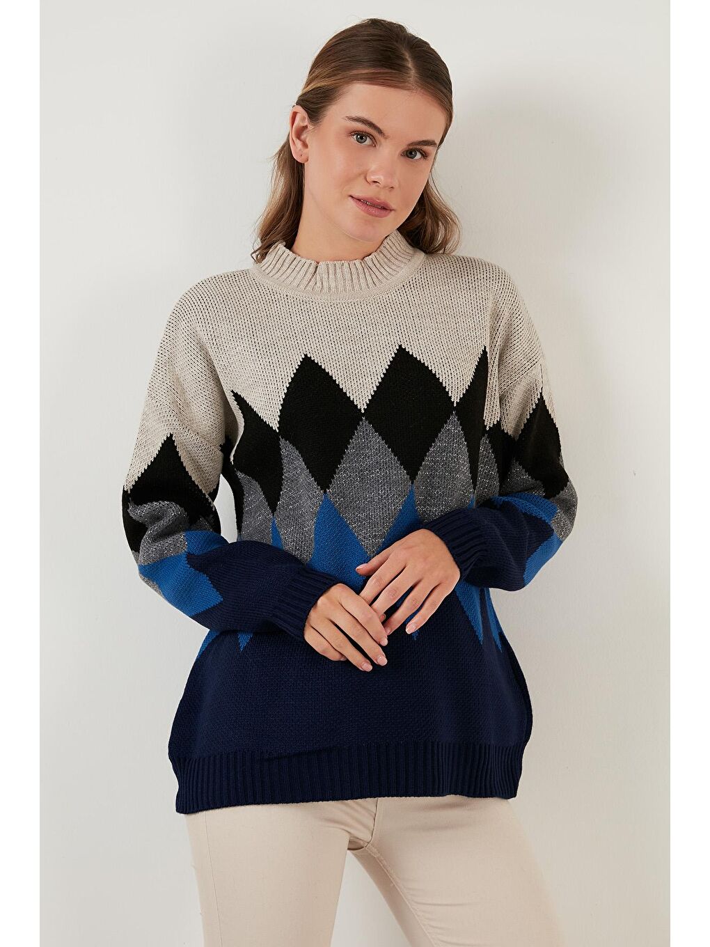 Lacivert Baklava Desenli Yarım Balıkçı Yaka Örme Kazak 6310003-3