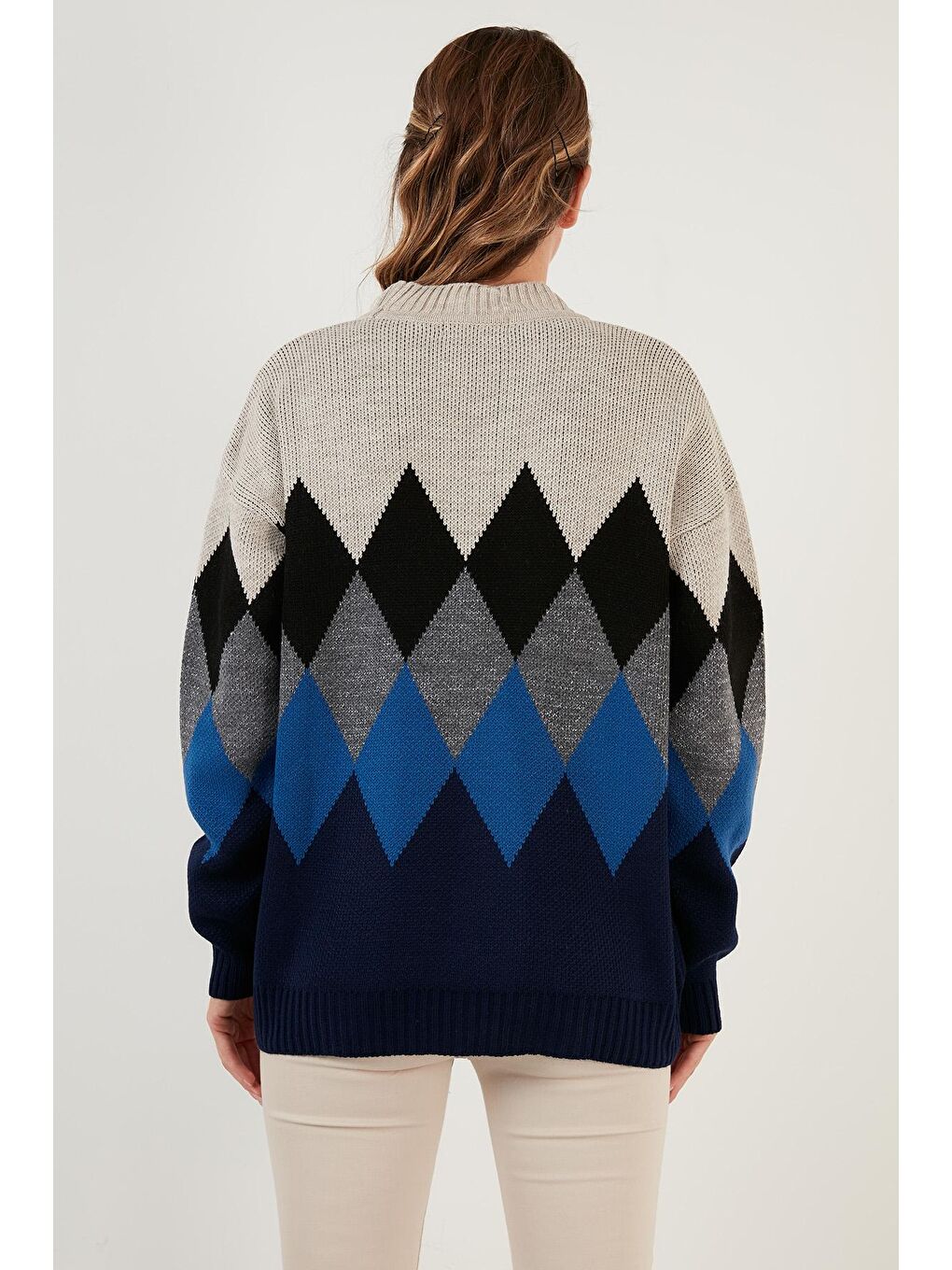 Lacivert Baklava Desenli Yarım Balıkçı Yaka Örme Kazak 6310003-4