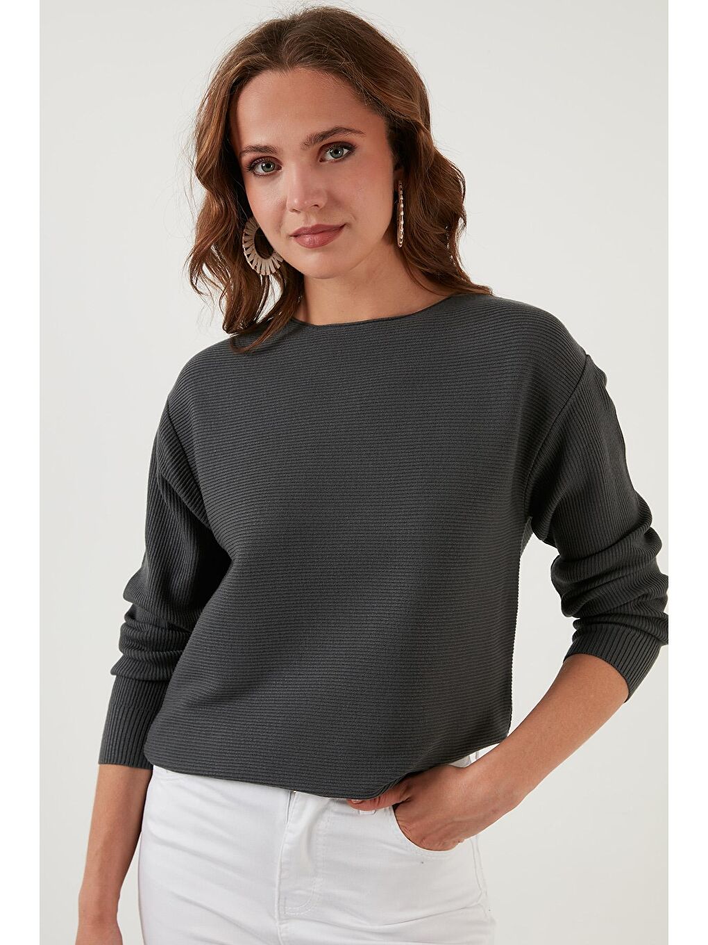 Antrasit Bisiklet Yaka Dokulu Kadın Kazak 6310004-1