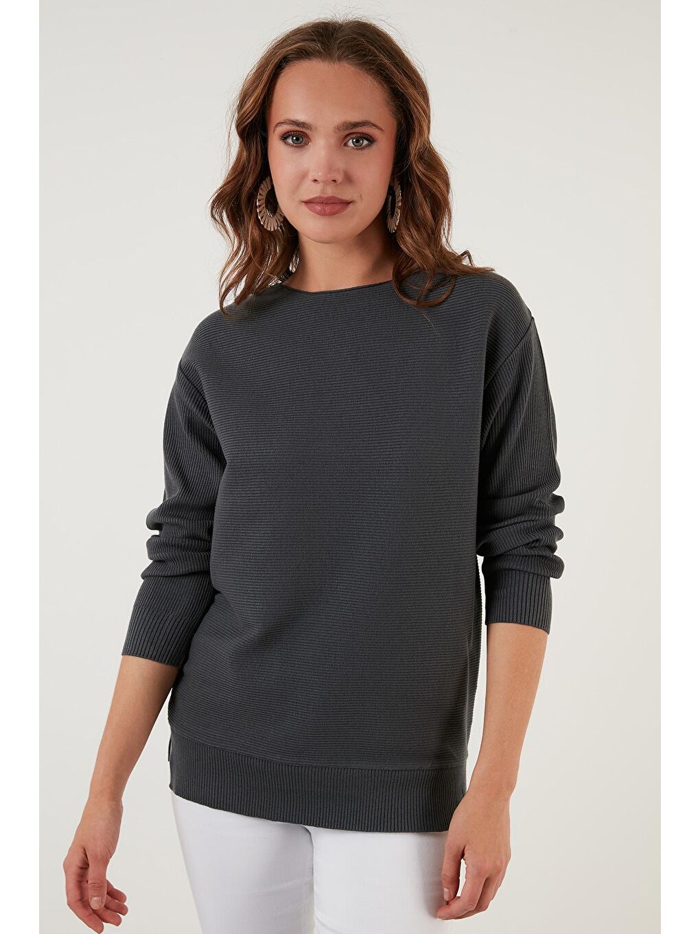 Antrasit Bisiklet Yaka Dokulu Kadın Kazak 6310004-2