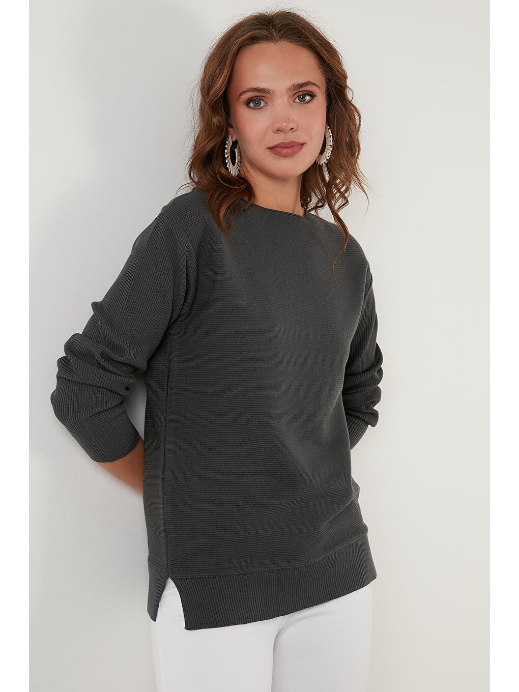 Antrasit Bisiklet Yaka Dokulu Kadın Kazak 6310004-3