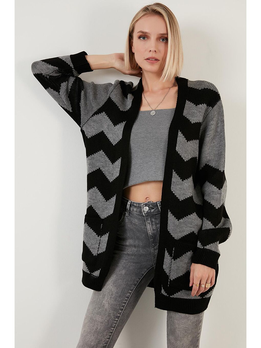 Siyah Renk Bloklu Cepli Uzun Hırka 6310006-3