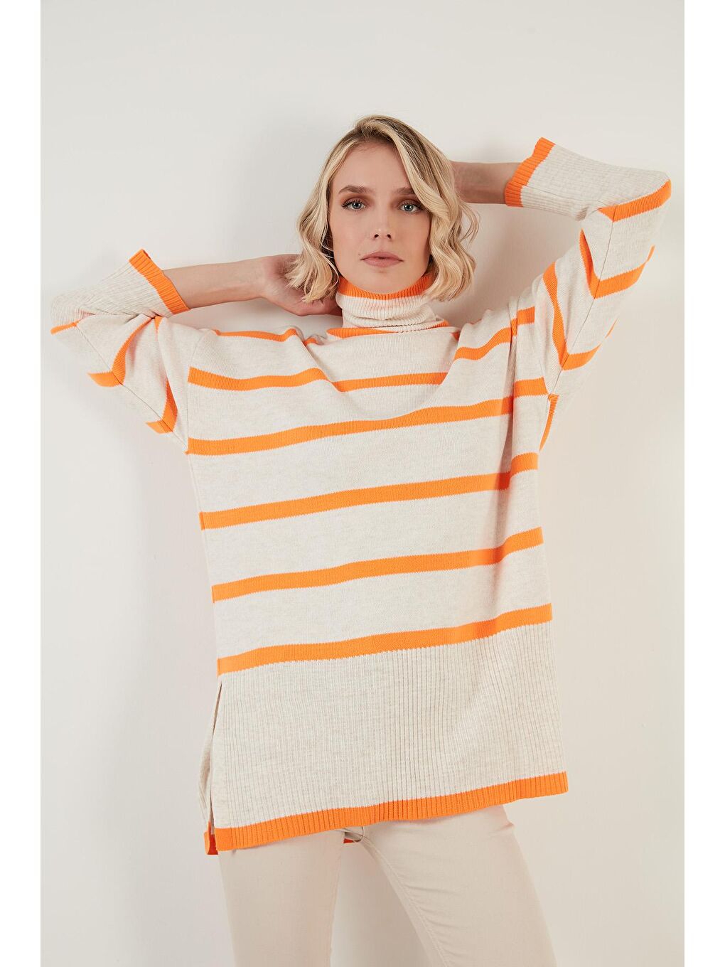 Ekru Çizgili Balıkçı Yaka Uzun Kadın Kazak 6321016-3