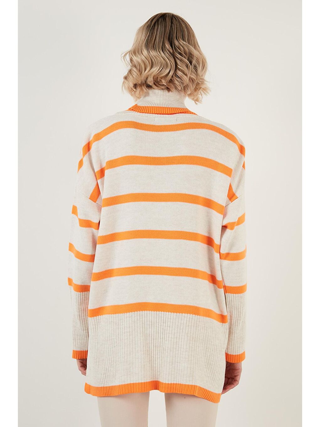 Ekru Çizgili Balıkçı Yaka Uzun Kadın Kazak 6321016-4