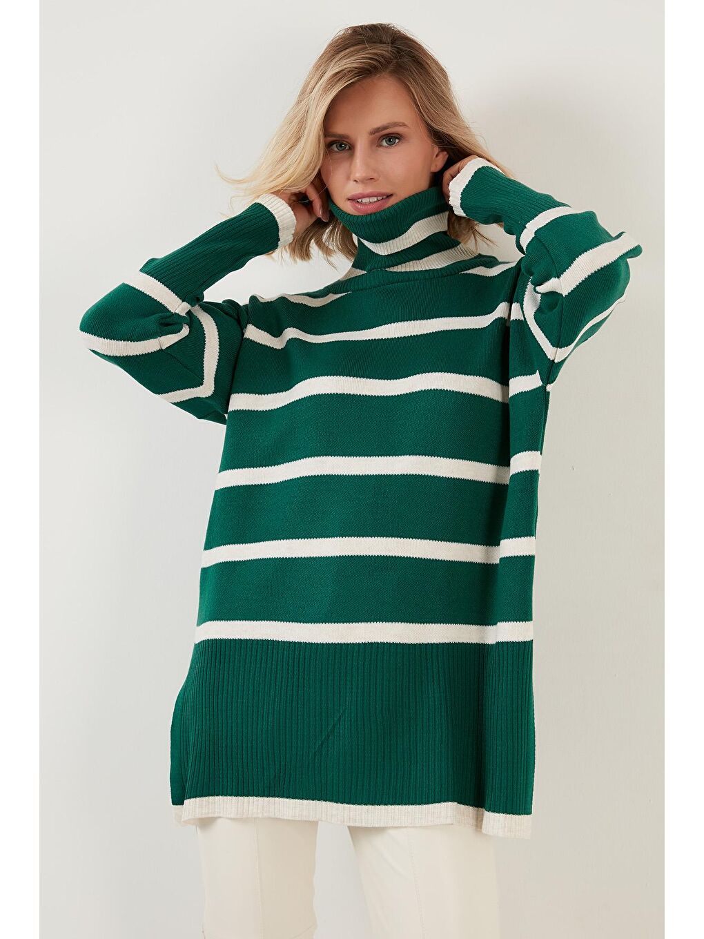 Yeşil Çizgili Balıkçı Yaka Uzun Kazak 6321016-1