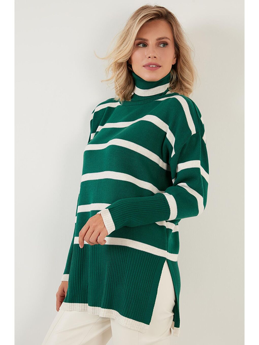 Yeşil Çizgili Balıkçı Yaka Uzun Kazak 6321016-2