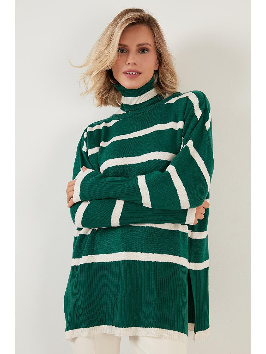 Yeşil Çizgili Balıkçı Yaka Uzun Kazak 6321016-3