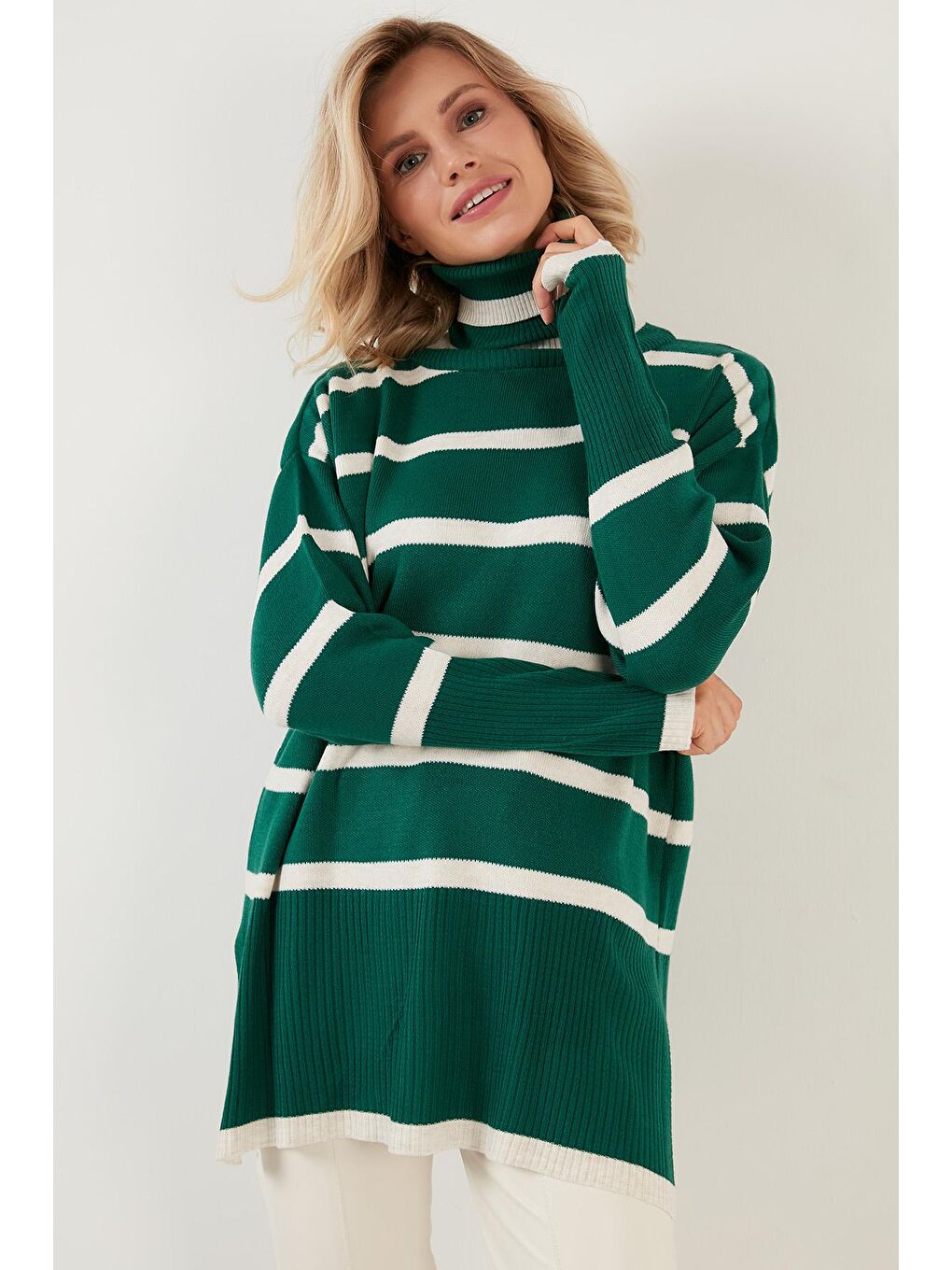 Yeşil Çizgili Balıkçı Yaka Uzun Kazak 6321016-4