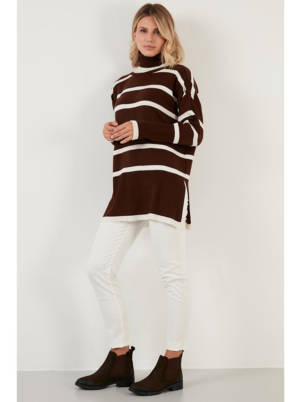 Kahverengi Çizgili Balıkçı Yaka Uzun Kadın Kazak 6321016-3