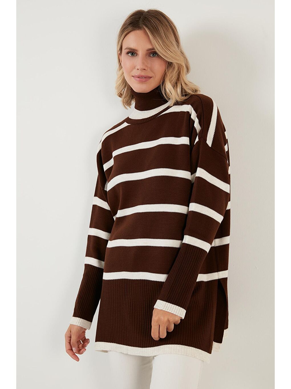 Kahverengi Çizgili Balıkçı Yaka Uzun Kadın Kazak 6321016-4