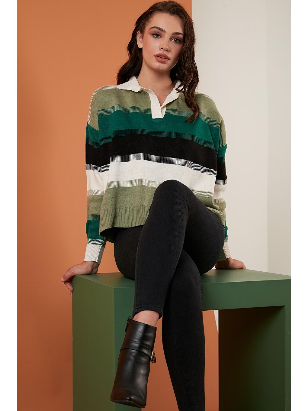 Yeşil Renk Bloklu Polo Yaka Triko Kazak 6321063