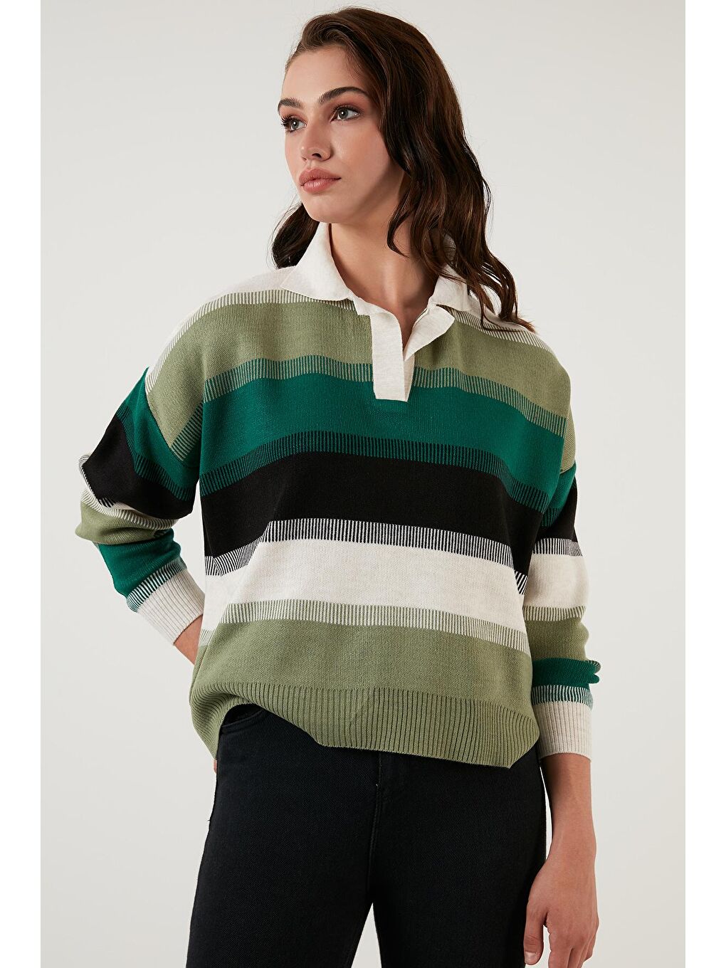 Yeşil Renk Bloklu Polo Yaka Triko Kazak 6321063-1