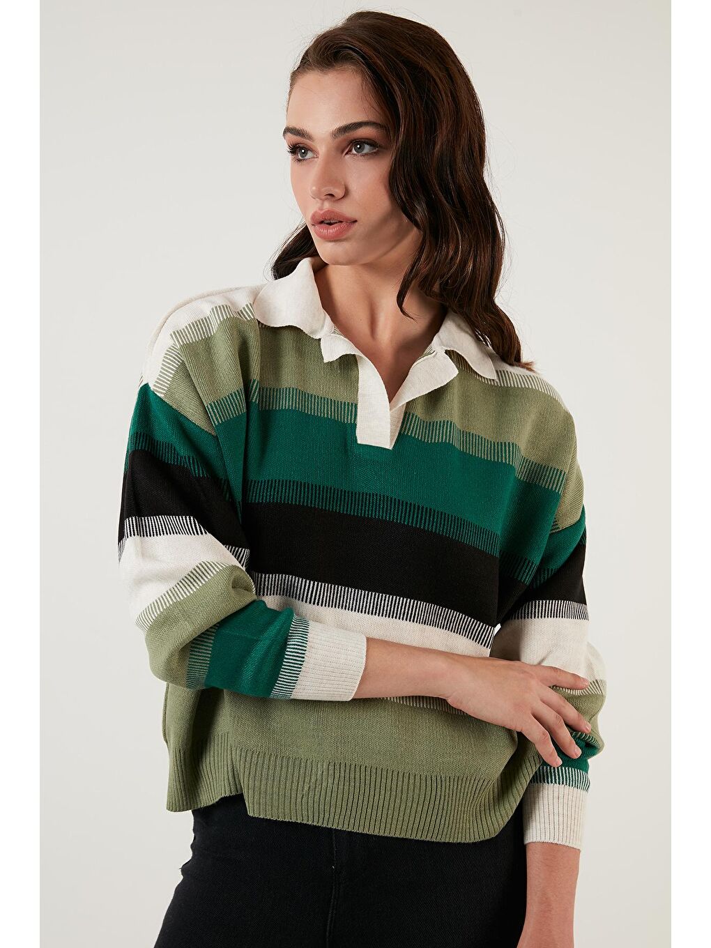 Yeşil Renk Bloklu Polo Yaka Triko Kazak 6321063-2