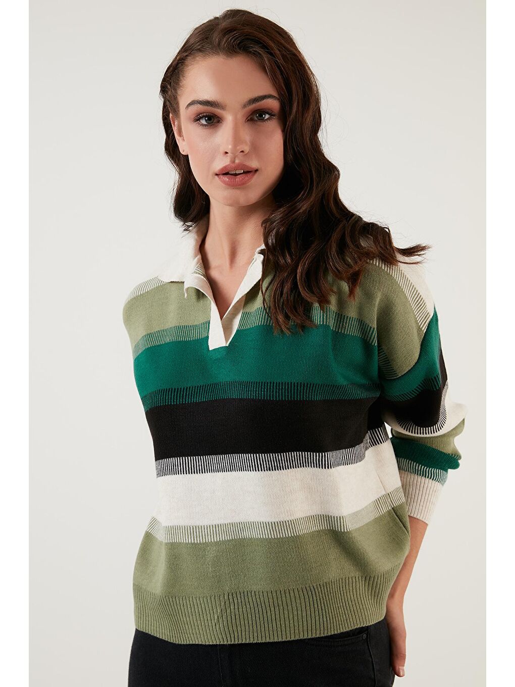 Yeşil Renk Bloklu Polo Yaka Triko Kazak 6321063-3