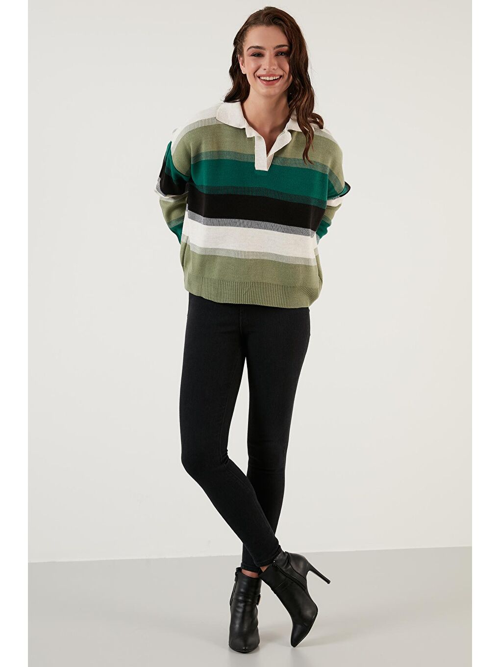 Yeşil Renk Bloklu Polo Yaka Triko Kazak 6321063-4