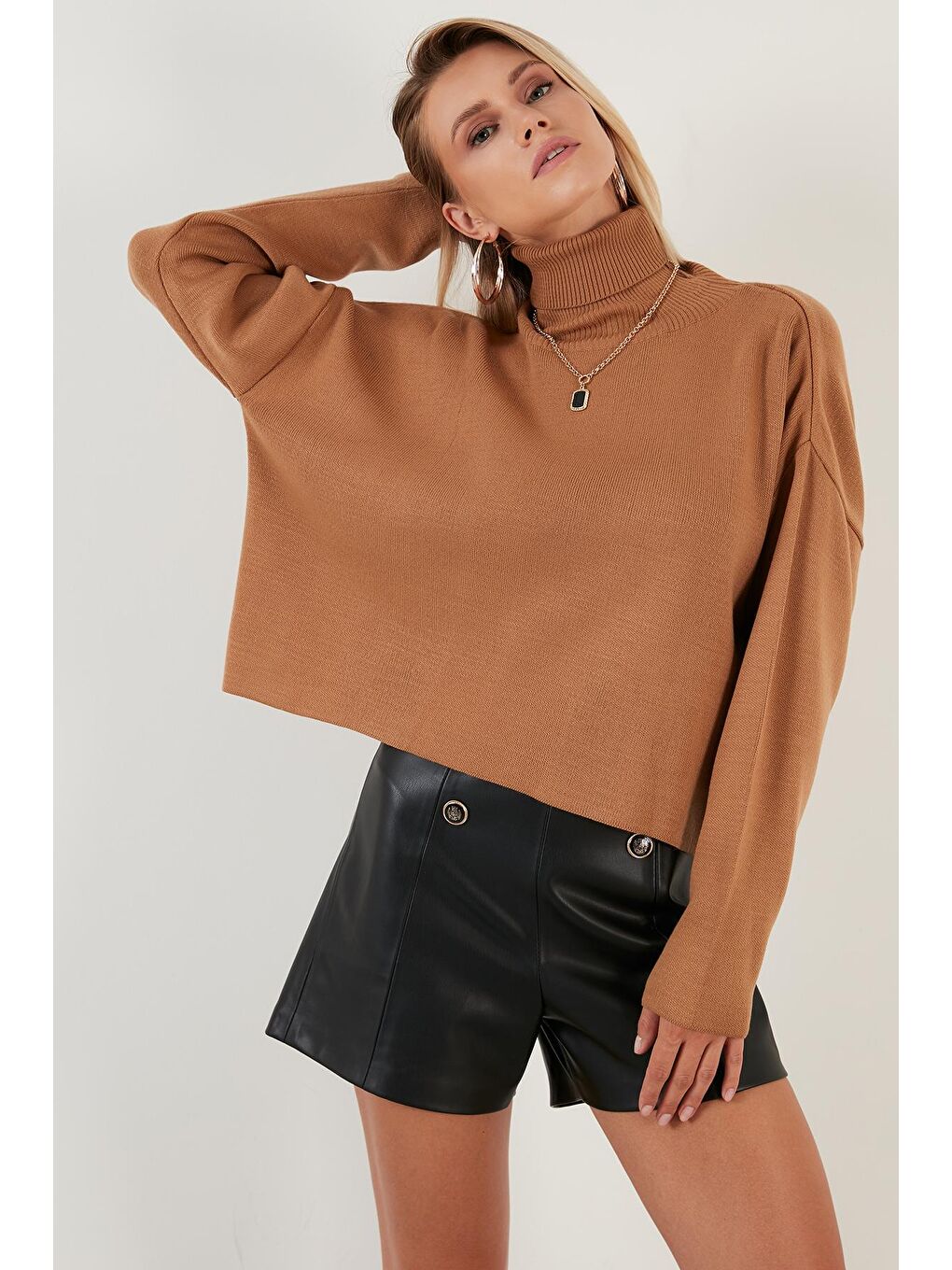 Kahverengi Soft Akrilik Balıkçı Yaka Triko Kazak 6321079-1