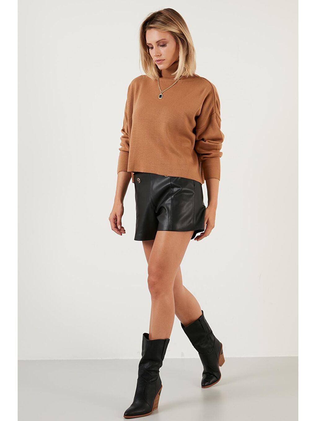 Kahverengi Soft Akrilik Balıkçı Yaka Triko Kazak 6321079-3