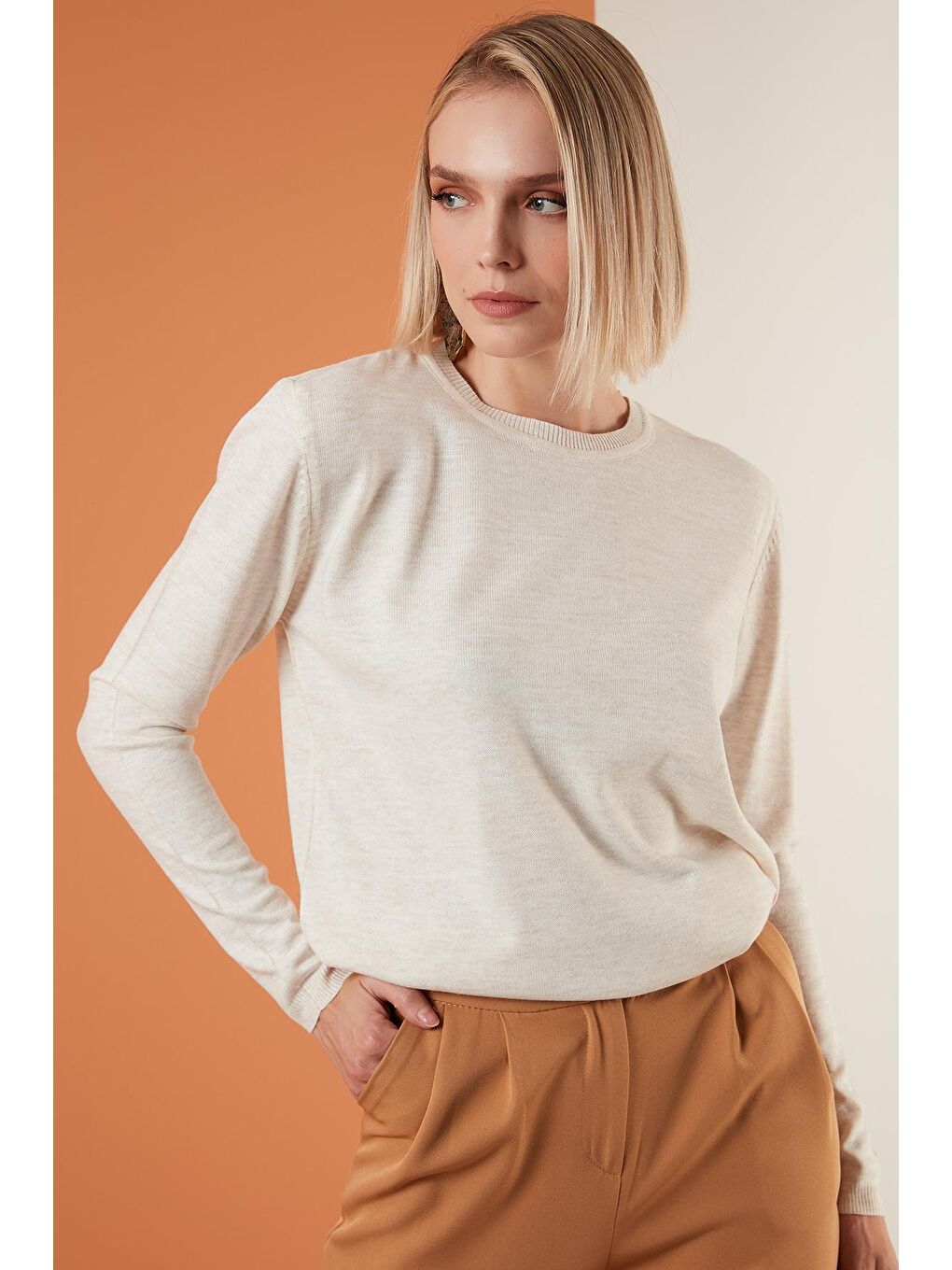 Ekru Soft Akrilik Bisiklet Yaka Triko Kazak 6327052