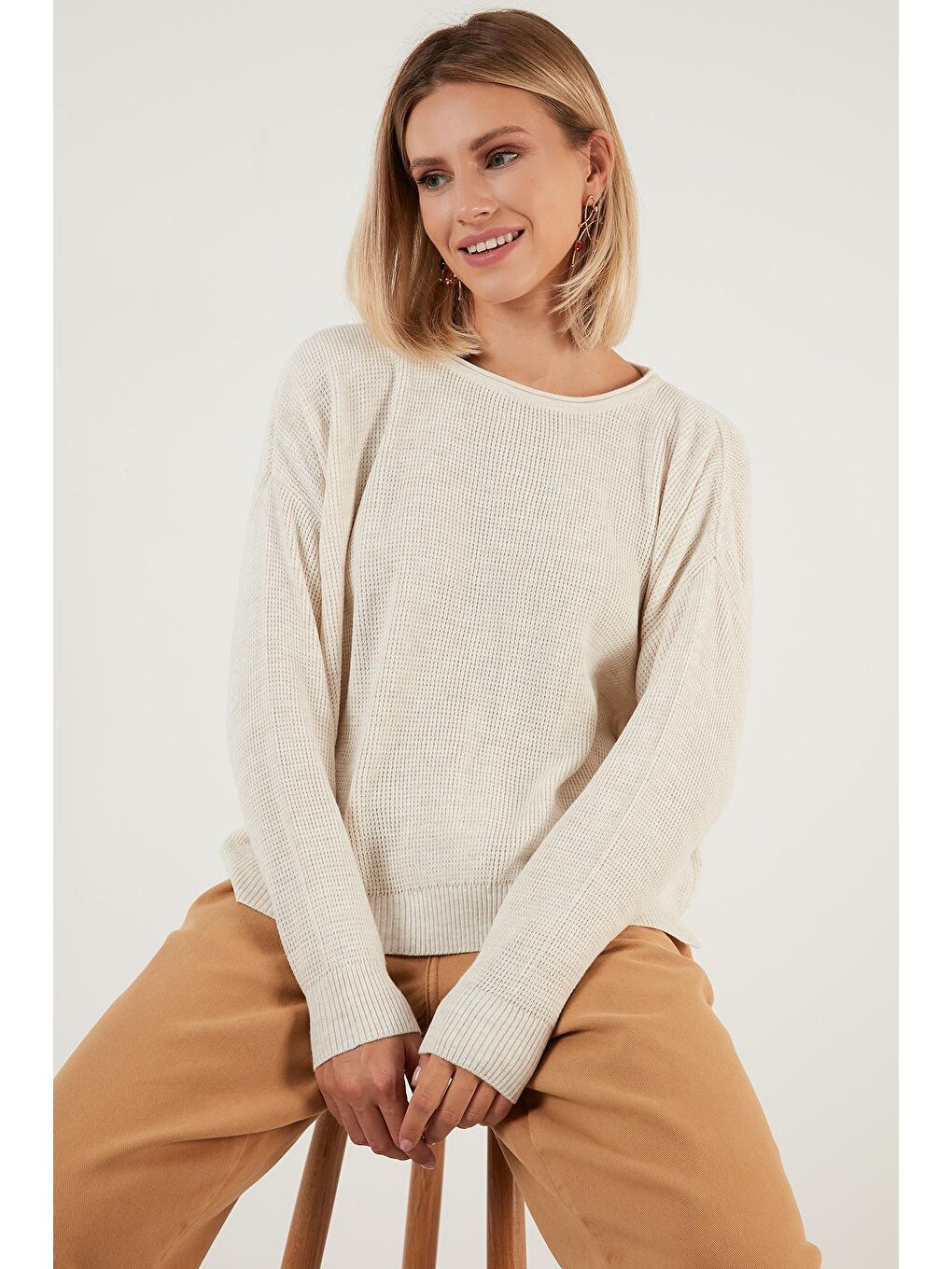 Ekru Bisiklet Yaka % 100 Soft Akrilik Kazak 6329371