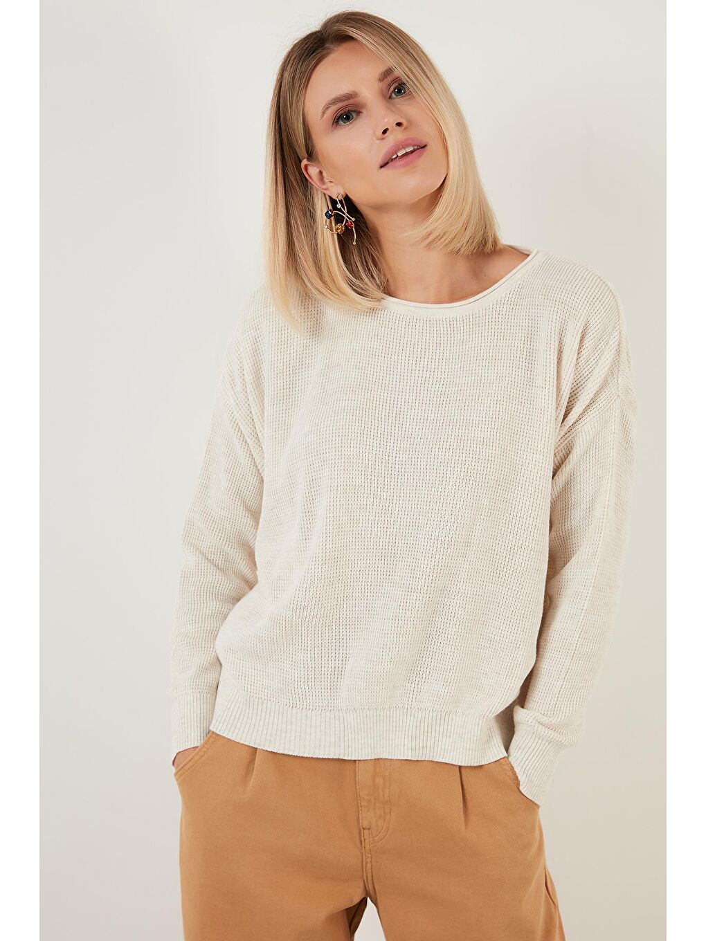 Ekru Bisiklet Yaka % 100 Soft Akrilik Kazak 6329371-1