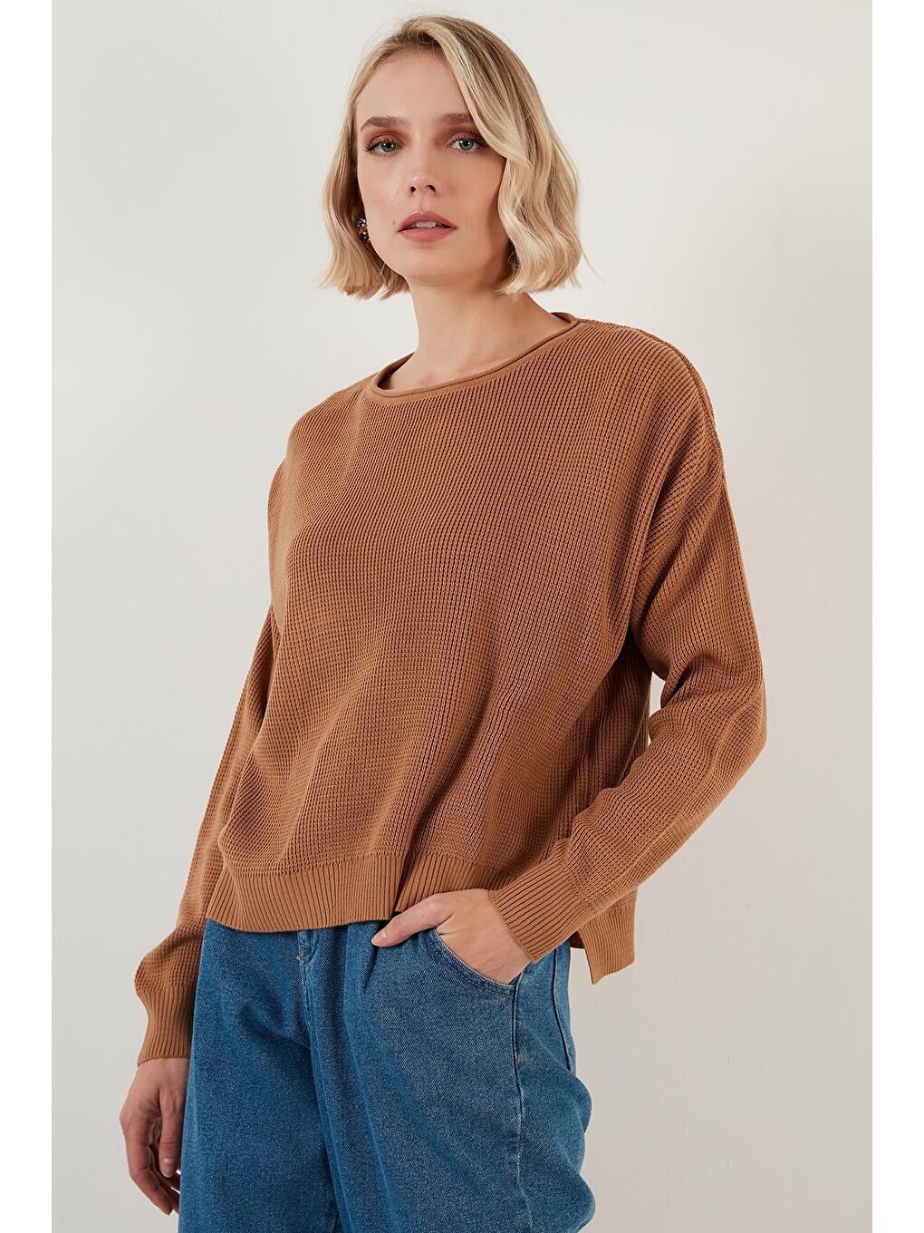 Kahverengi Bisiklet Yaka % 100 Soft Akrilik Kazak 6329371-1