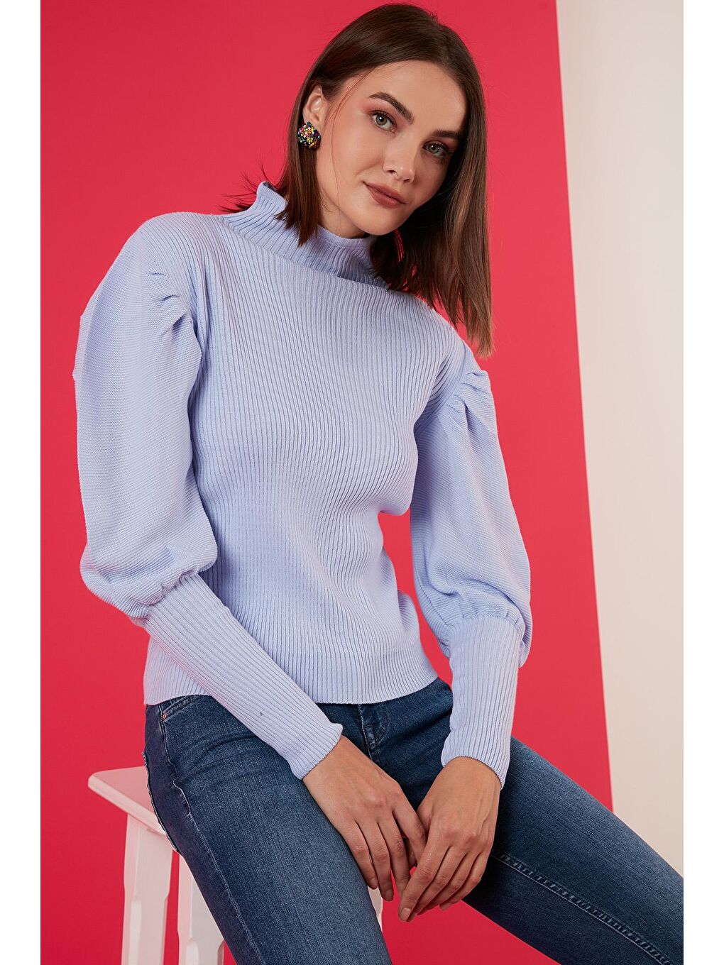 Mavi % 100 Soft Akrilik Balıkçı Yaka Fitilli Balon Kol Kazak 6329572