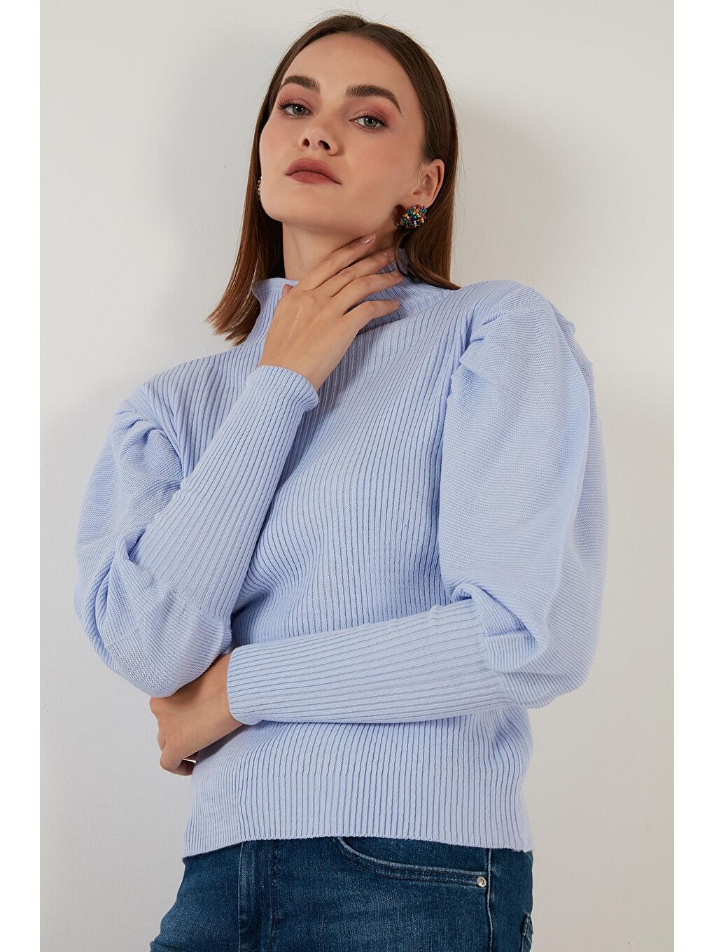 Mavi % 100 Soft Akrilik Balıkçı Yaka Fitilli Balon Kol Kazak 6329572-1