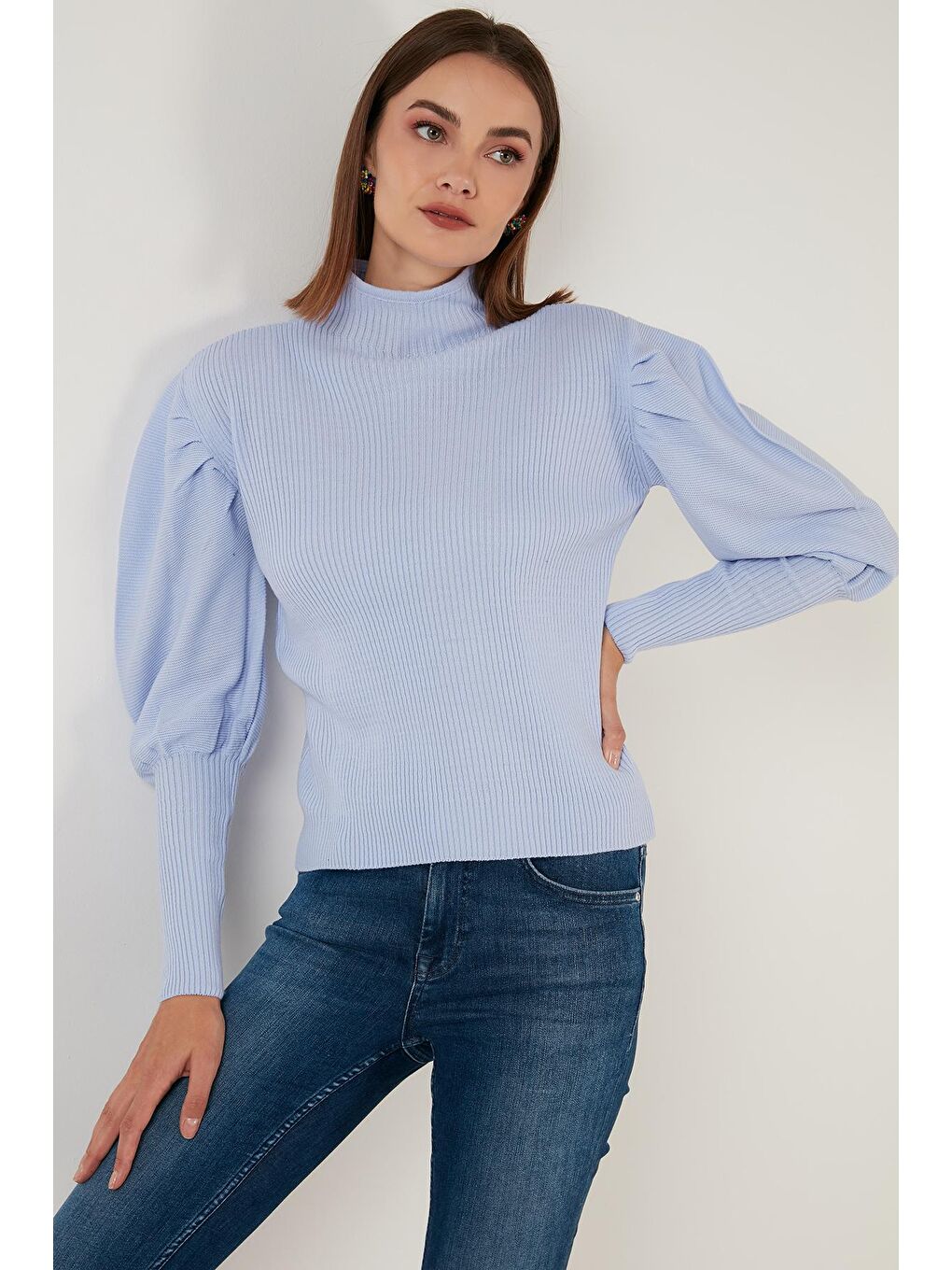 Mavi % 100 Soft Akrilik Balıkçı Yaka Fitilli Balon Kol Kazak 6329572-2