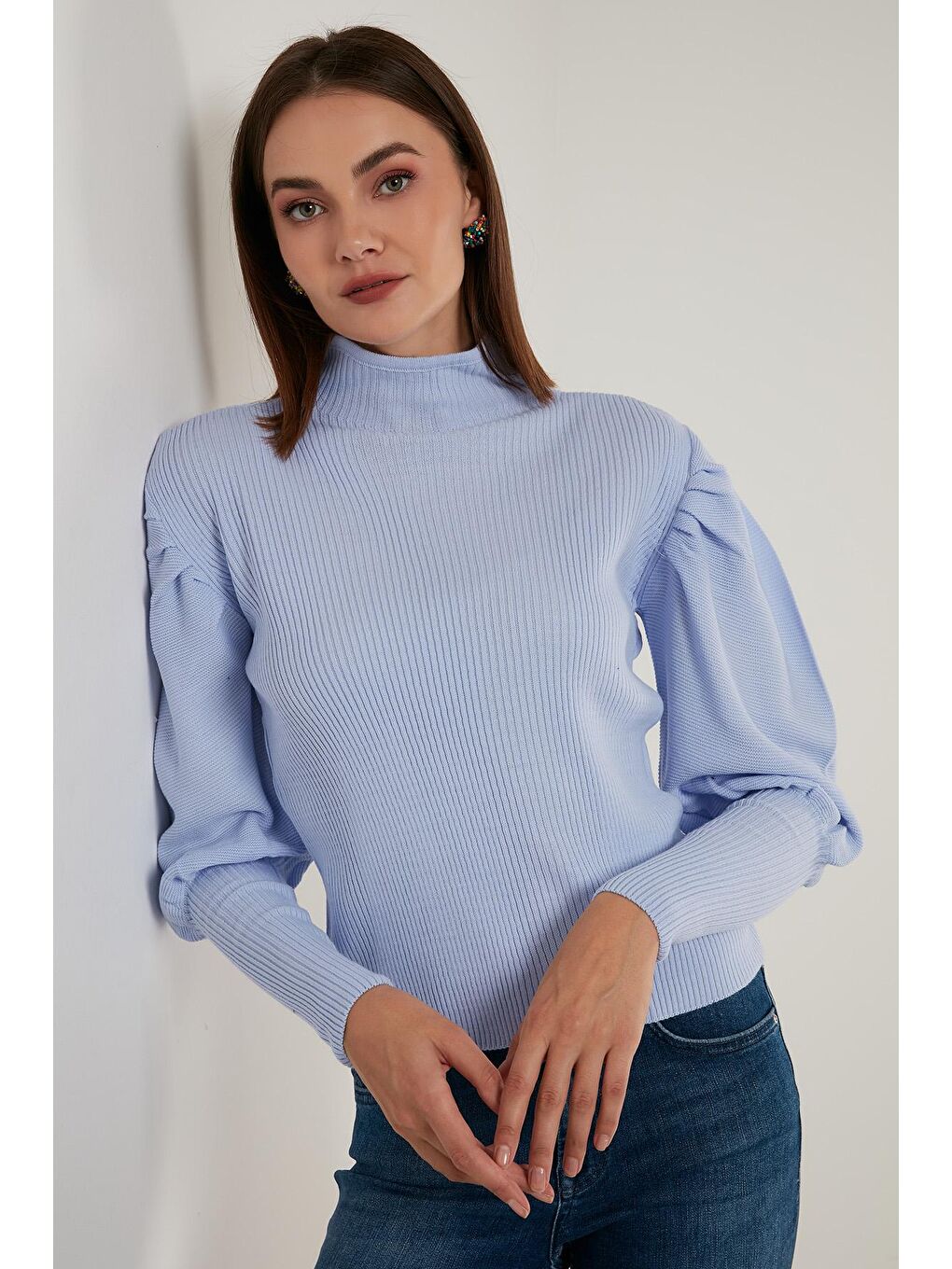 Mavi % 100 Soft Akrilik Balıkçı Yaka Fitilli Balon Kol Kazak 6329572-3