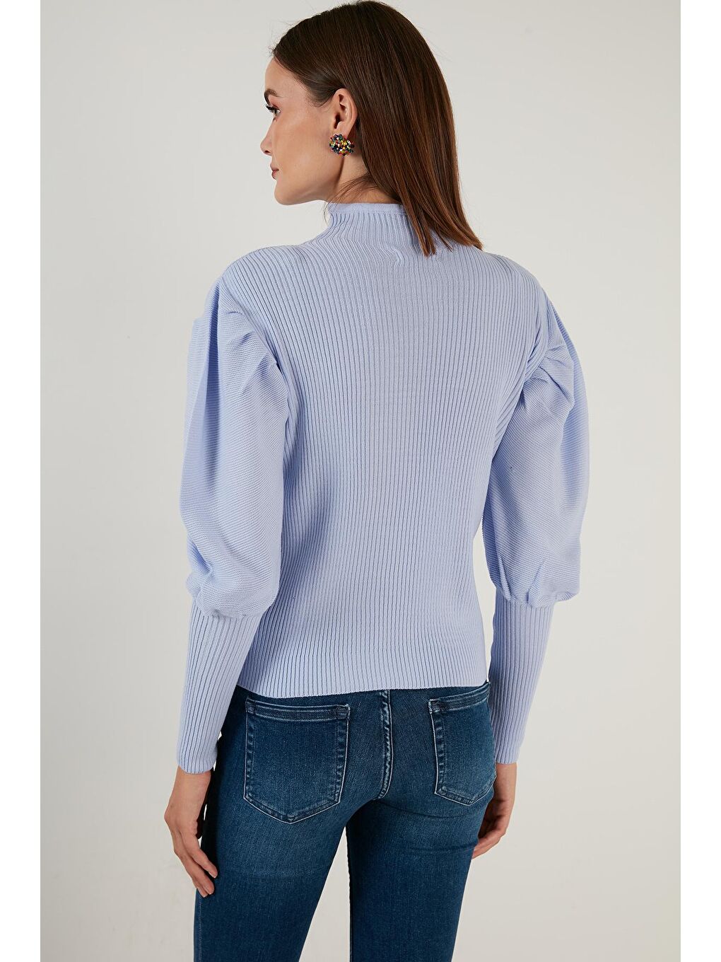 Mavi % 100 Soft Akrilik Balıkçı Yaka Fitilli Balon Kol Kazak 6329572-4