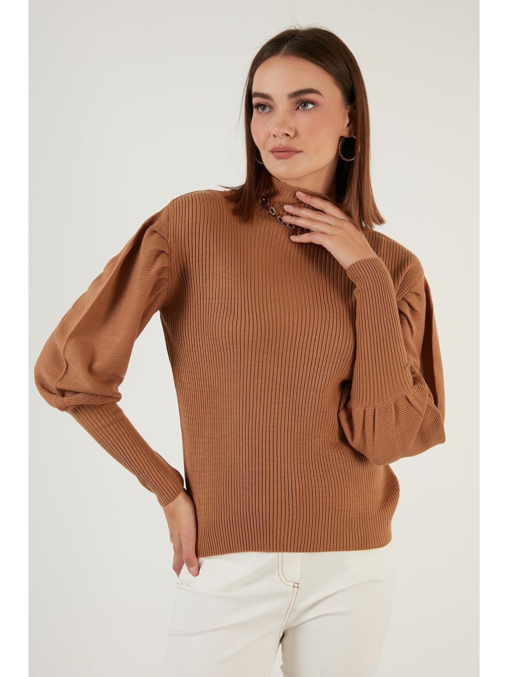 Kahverengi % 100 Soft Akrilik Balıkçı Yaka Fitilli Balon Kol Kazak 6329572