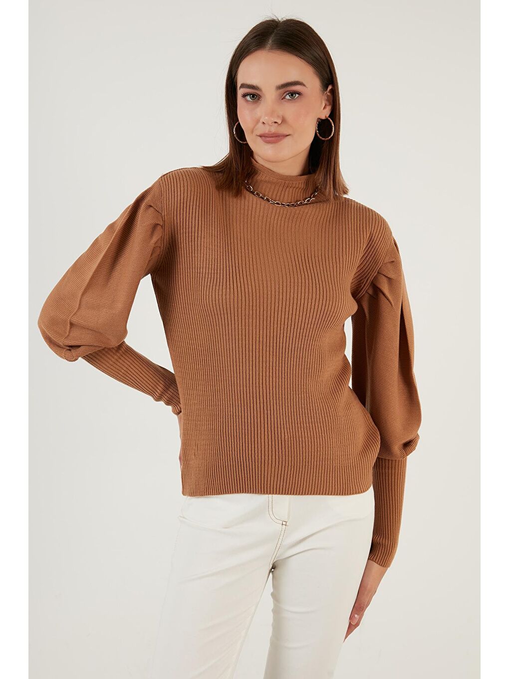 Kahverengi % 100 Soft Akrilik Balıkçı Yaka Fitilli Balon Kol Kazak 6329572-1