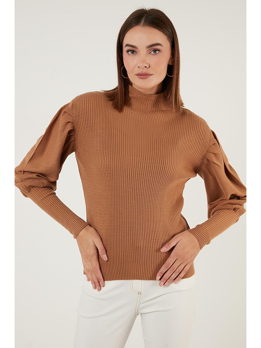 Kahverengi % 100 Soft Akrilik Balıkçı Yaka Fitilli Balon Kol Kazak 6329572-3