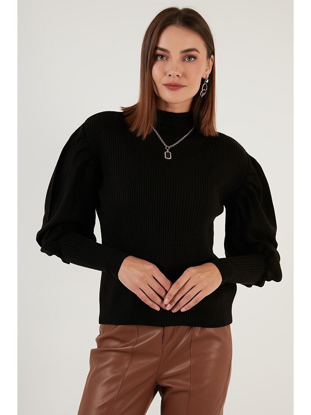 Siyah % 100 Soft Akrilik Balıkçı Yaka Fitilli Balon Kol Kazak 6329572