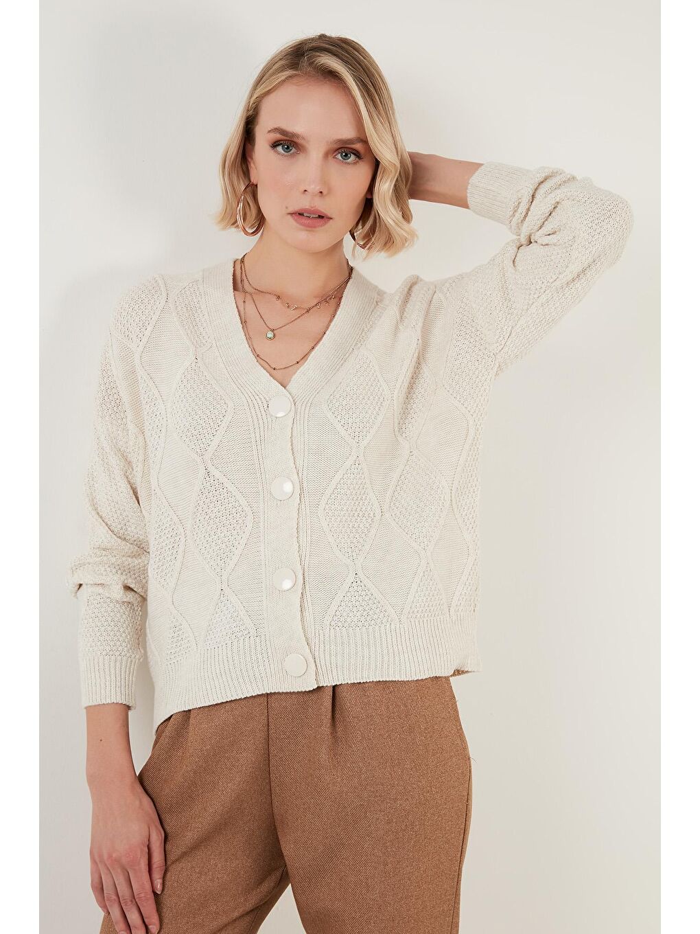 Ekru Düğmeli V Yaka Örme Hırka 6329579-1