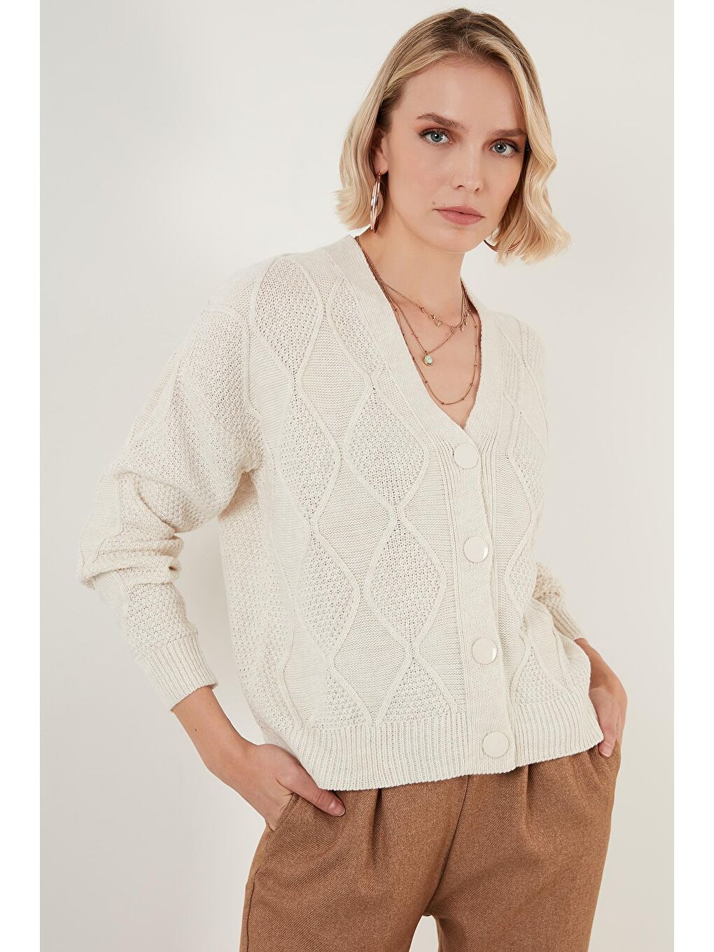 Ekru Düğmeli V Yaka Örme Hırka 6329579-2