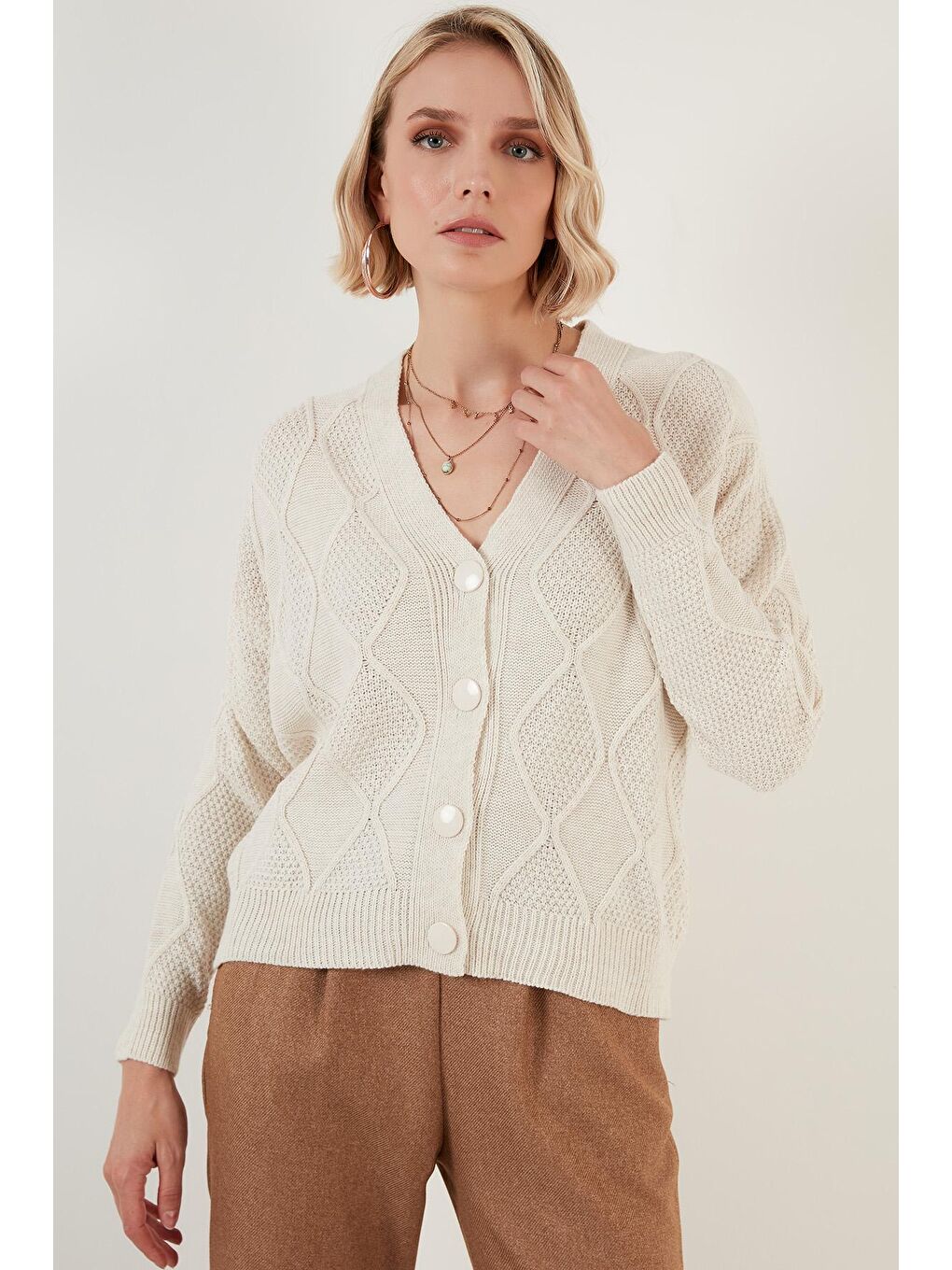 Ekru Düğmeli V Yaka Örme Hırka 6329579-4