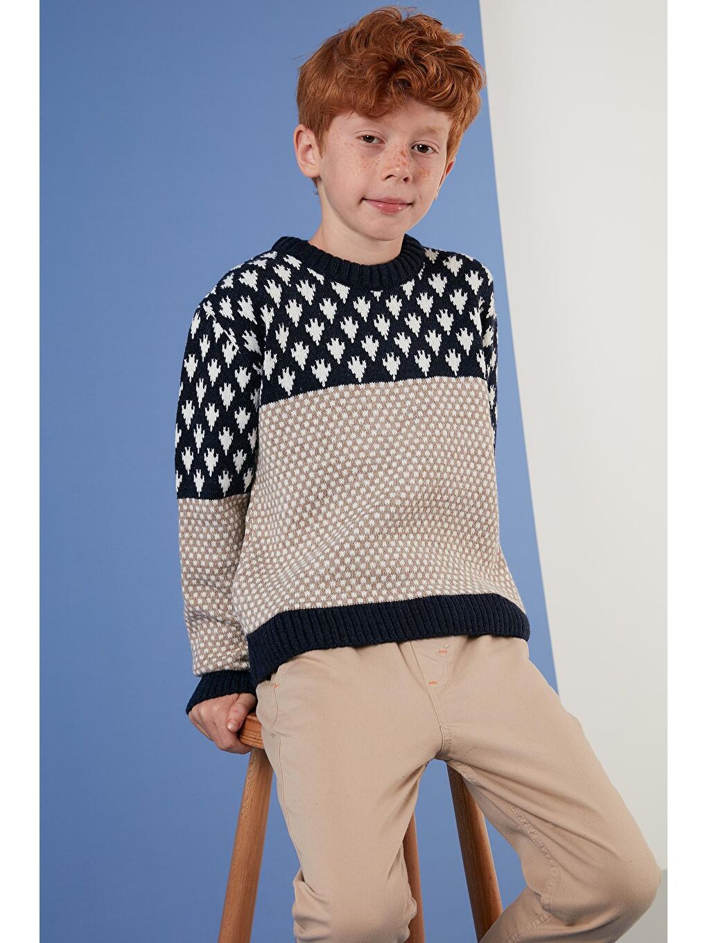 Lacivert Renk Bloklu Bisiklet Yaka Erkek Çocuk Kazak 633MJ356