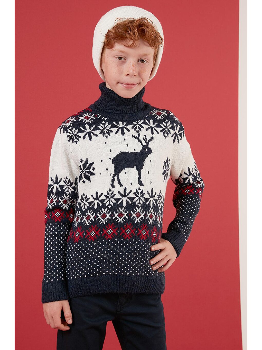 Lacivert Yılbaşı Temalı Balıkçı Yaka Kazak 633MJ369-1