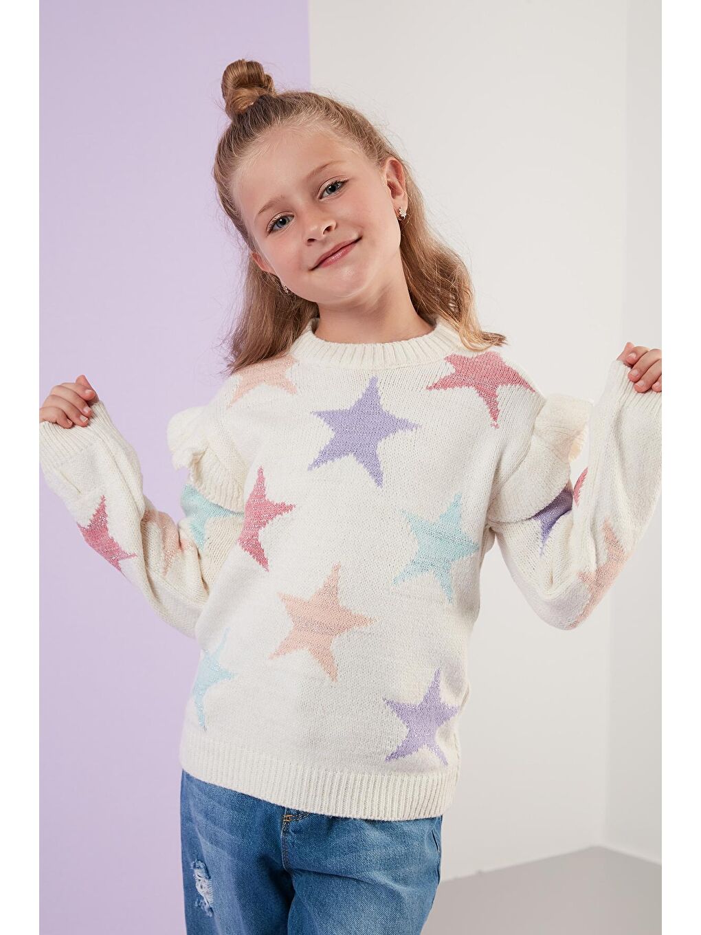 Ekru Kol Detaylı Yıldız Desenli Bisiklet Yaka Kazak 633MJ817