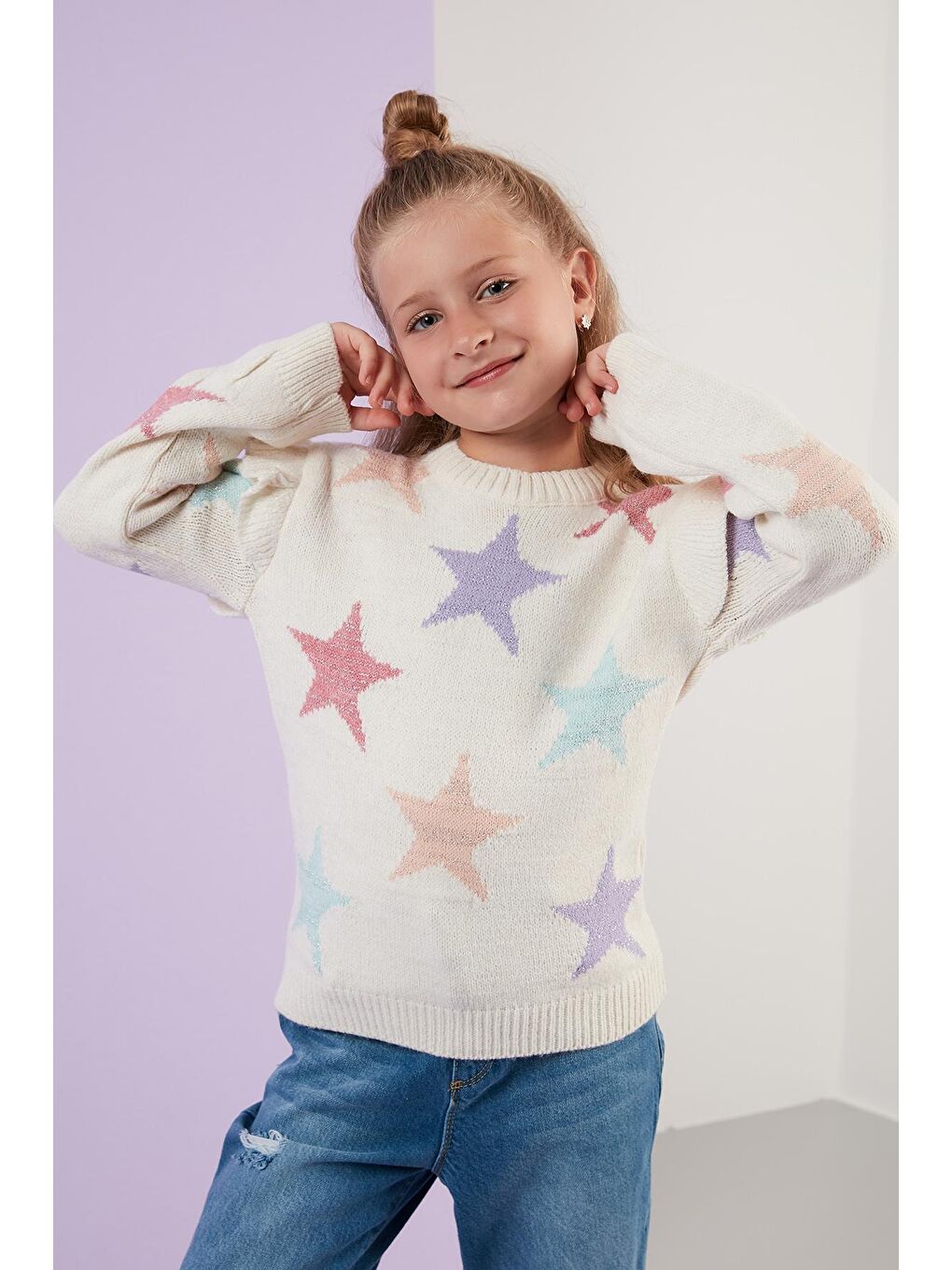 Ekru Kol Detaylı Yıldız Desenli Bisiklet Yaka Kazak 633MJ817-1