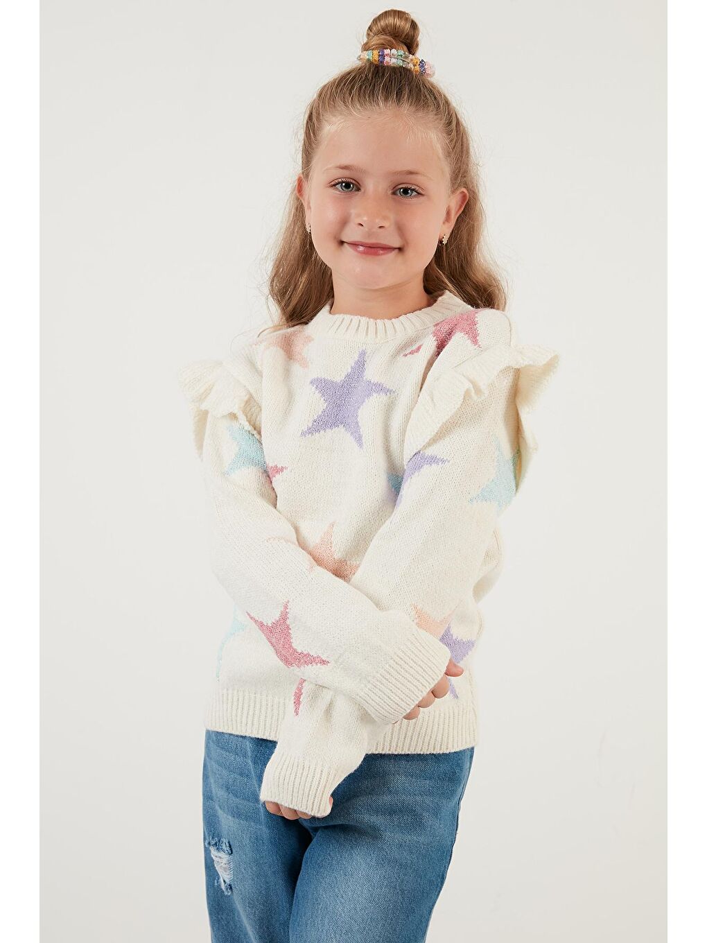 Ekru Kol Detaylı Yıldız Desenli Bisiklet Yaka Kazak 633MJ817-2