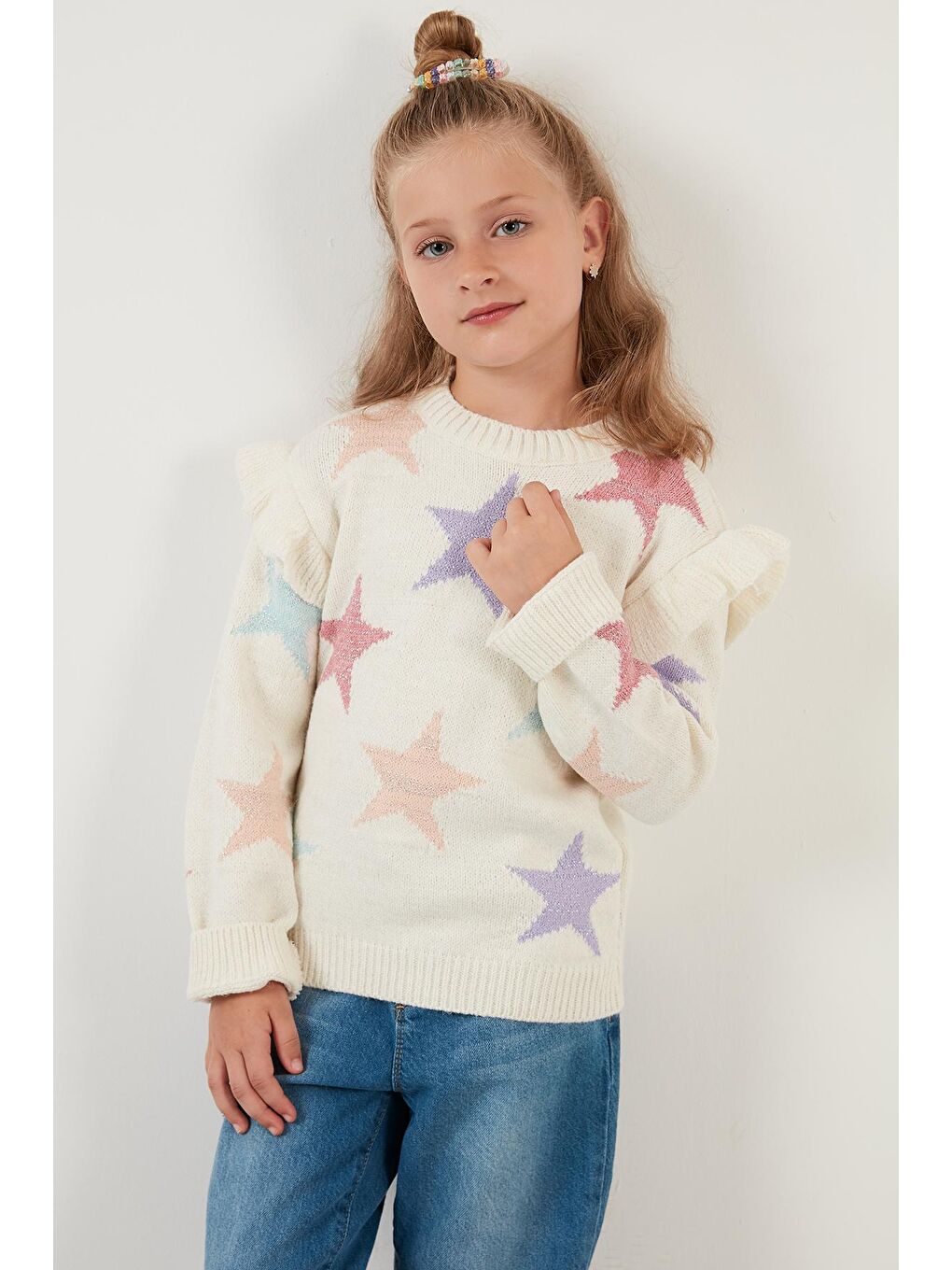 Ekru Kol Detaylı Yıldız Desenli Bisiklet Yaka Kazak 633MJ817-3