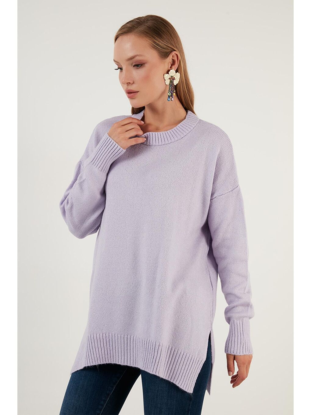 Lila Oversize Bisiklet Yaka Yanları Yırtmaçlı Kışlık Triko Kazak 63620433