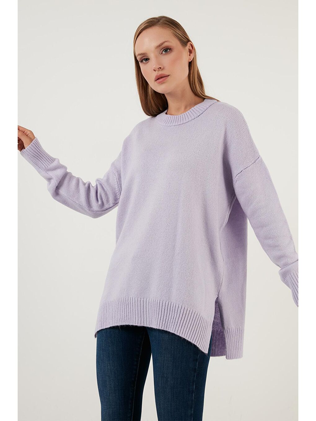 Lila Oversize Bisiklet Yaka Yanları Yırtmaçlı Kışlık Triko Kazak 63620433-1