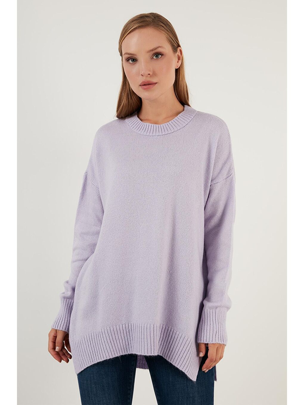 Lila Oversize Bisiklet Yaka Yanları Yırtmaçlı Kışlık Triko Kazak 63620433-2