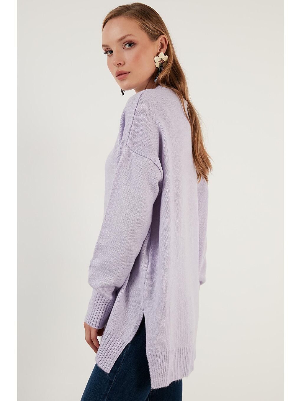 Lila Oversize Bisiklet Yaka Yanları Yırtmaçlı Kışlık Triko Kazak 63620433-3