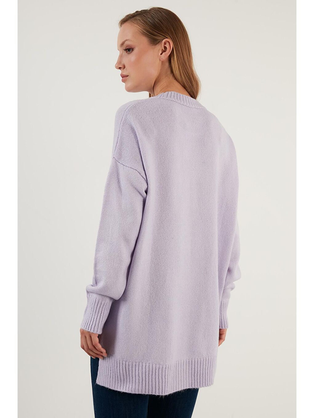 Lila Oversize Bisiklet Yaka Yanları Yırtmaçlı Kışlık Triko Kazak 63620433-4