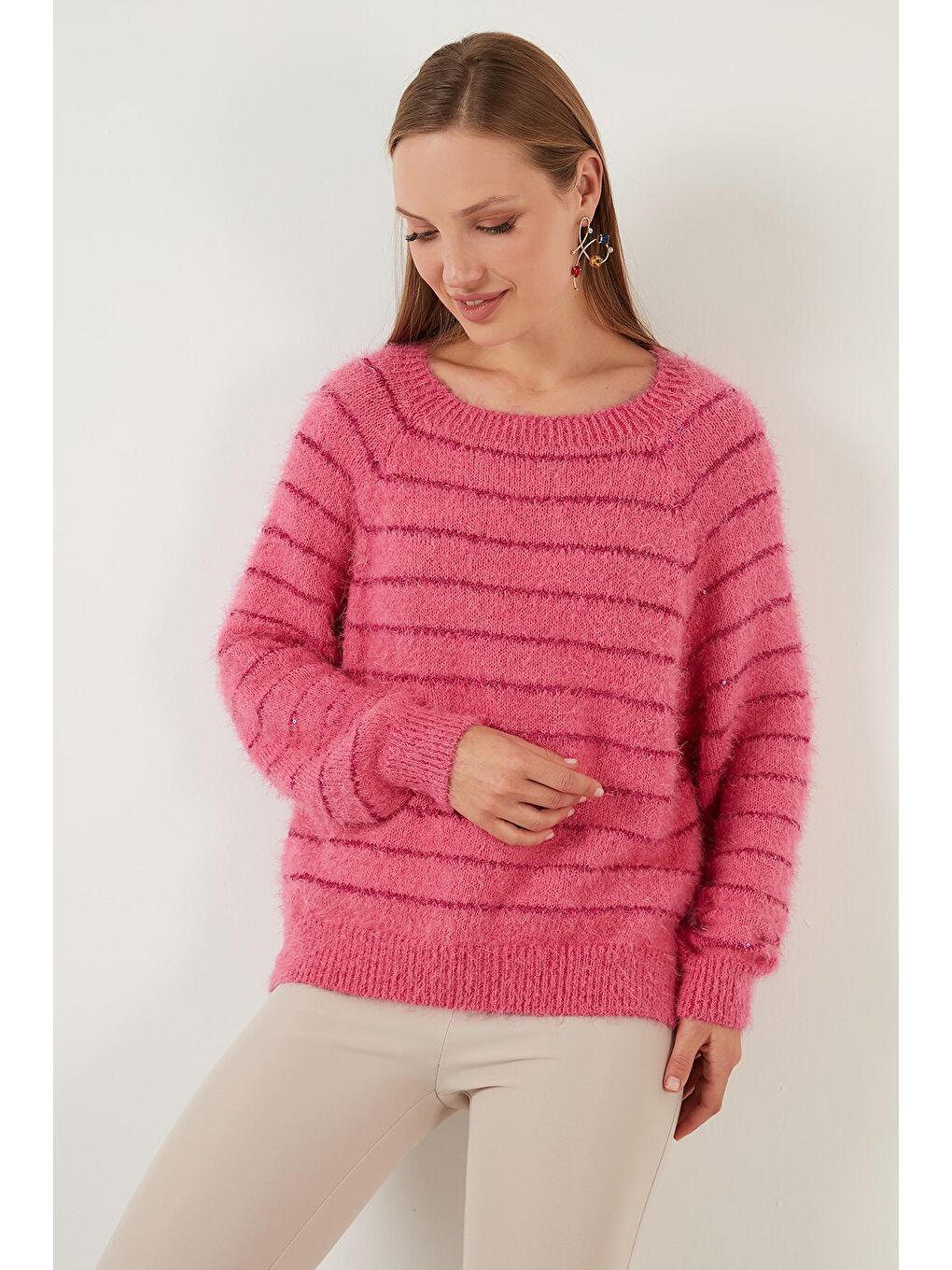 Pembe Çizgili Sakal İplikli Bisiklet Yaka Triko Kazak 63621517-1